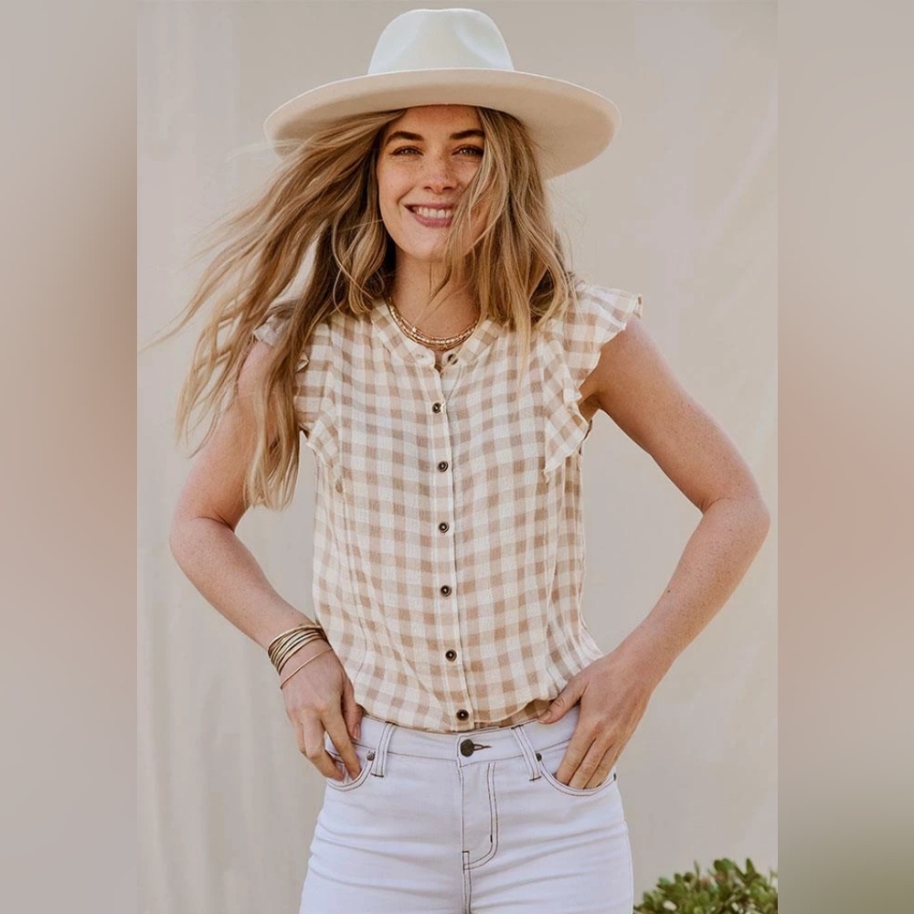 MATILDA JANE Good Hart McNay Gingham Top in Khaki/White Size Small
